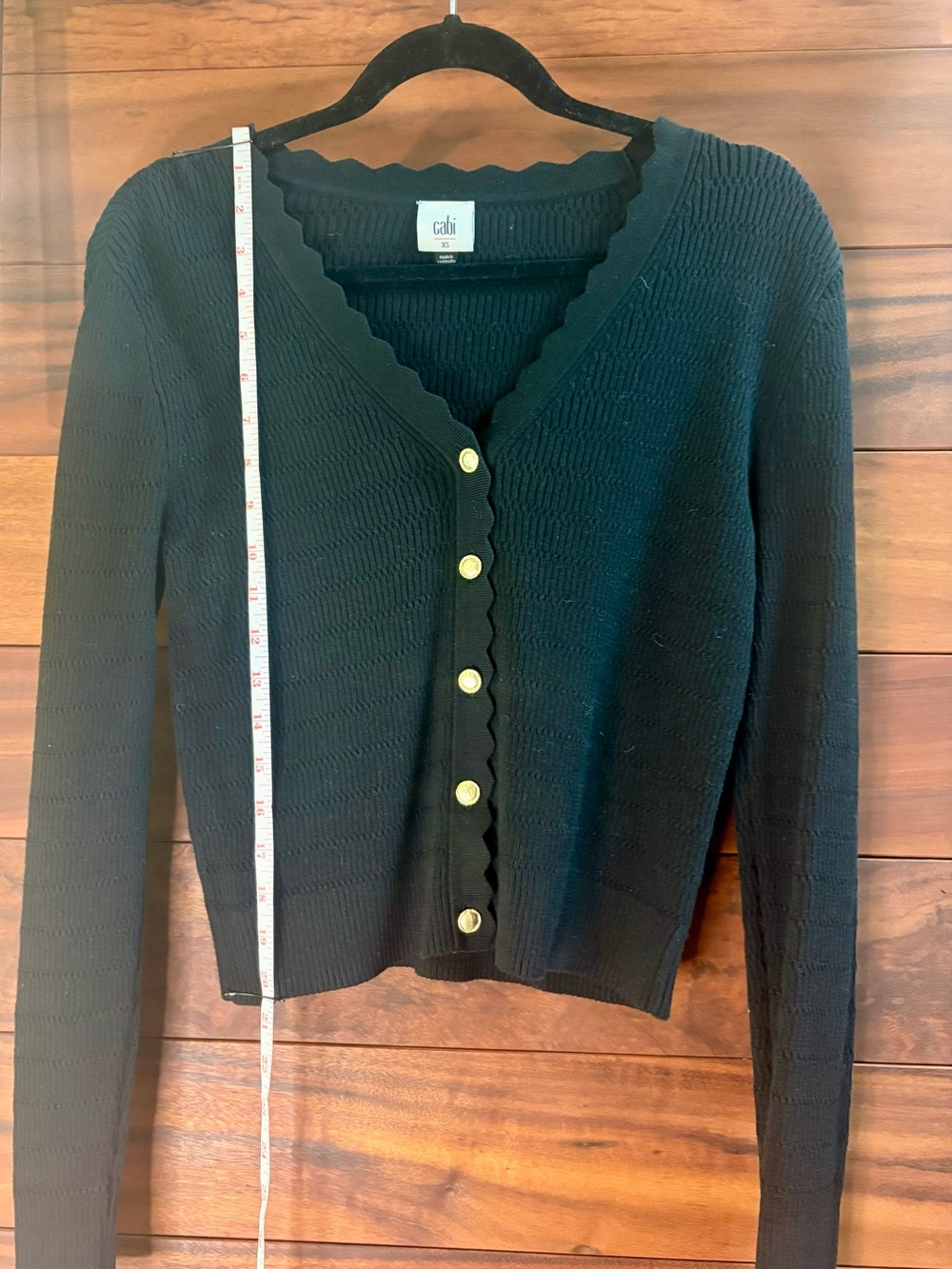 CAbi Black Scallop-Edge Cardigan with Gold Buttons